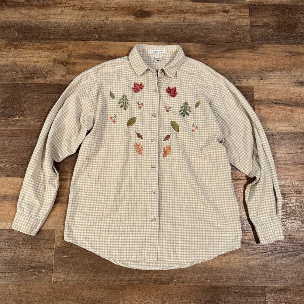 Gingham Embroidered Button Down Cotton Shirt M Cottage Farmhouse Thanksgiving
